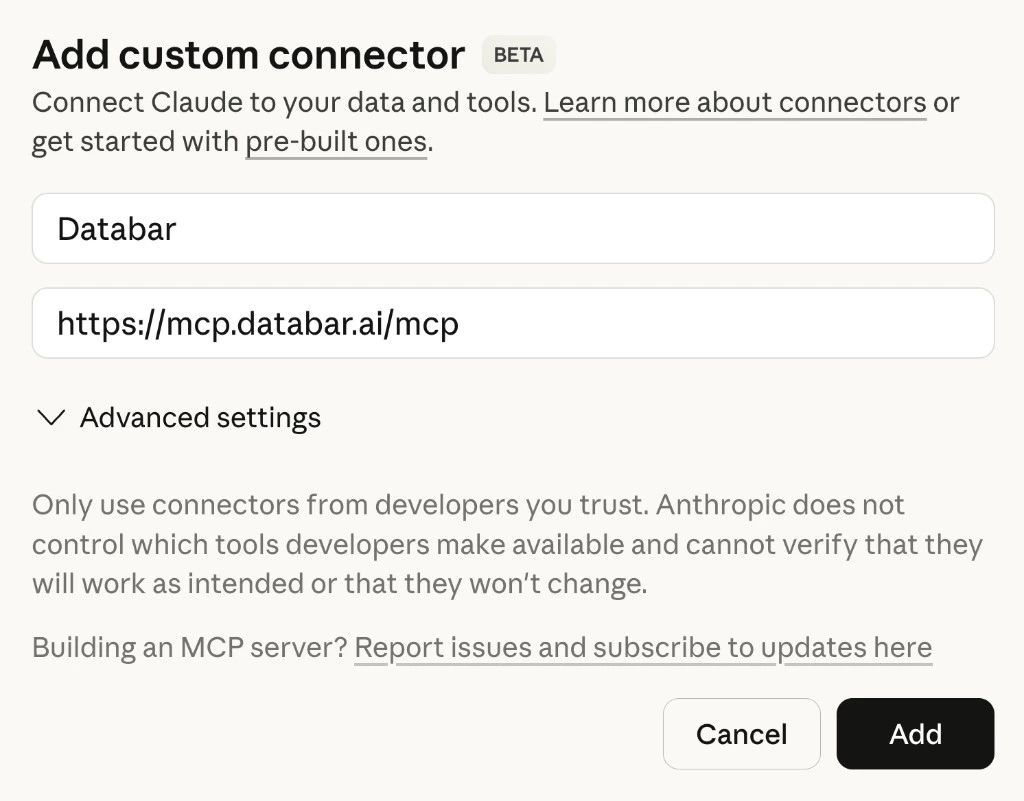 Add custom connector dialog in Claude