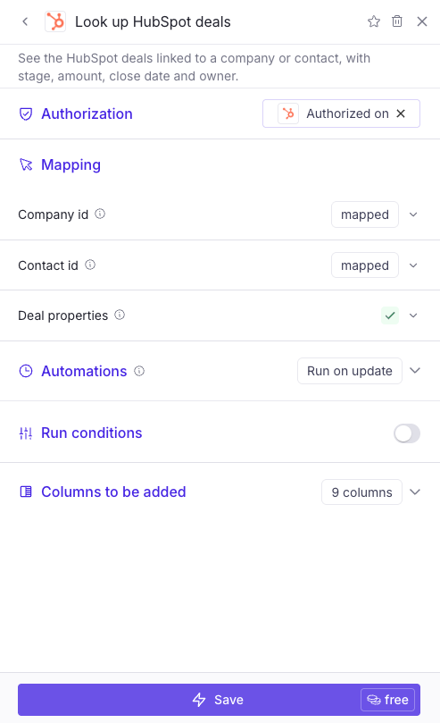 Look up HubSpot deals setup, with Company id and Contact id mapped