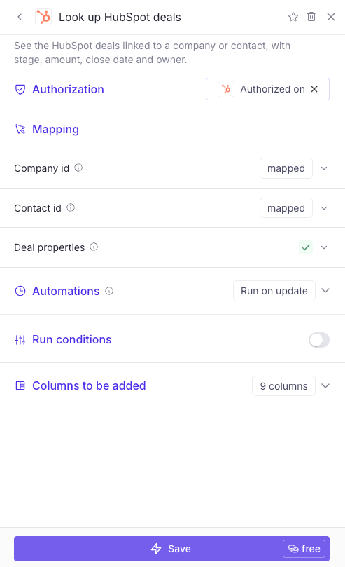 Look up HubSpot deals setup, with Company id and Contact id mapped
