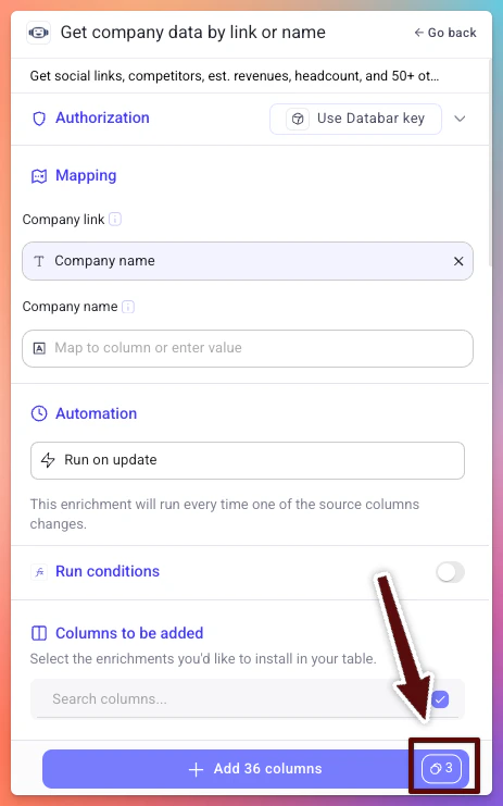 Enrichment sidebar showing estimated credit cost before running