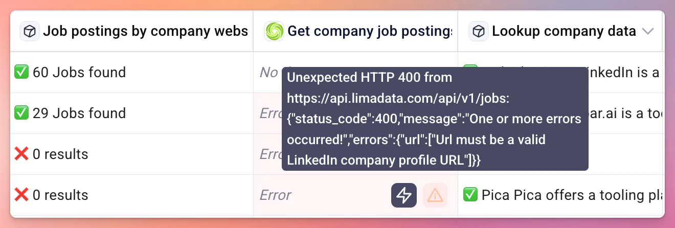 Hovering over an error triangle in a cell to see the error details
