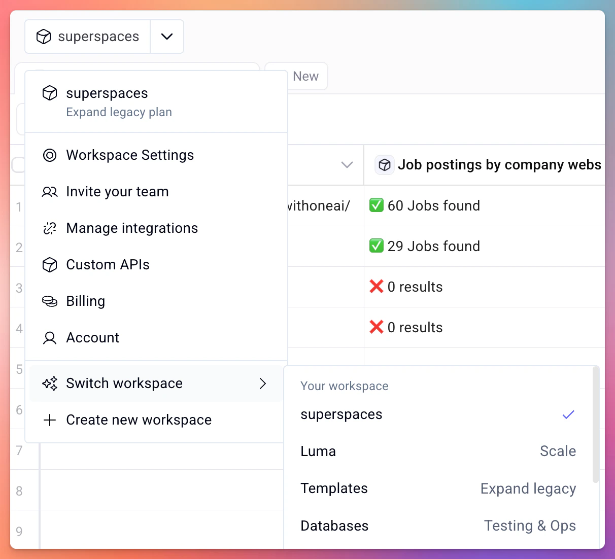 Workspace dropdown menu showing settings, team, integrations, billing, and workspace switcher