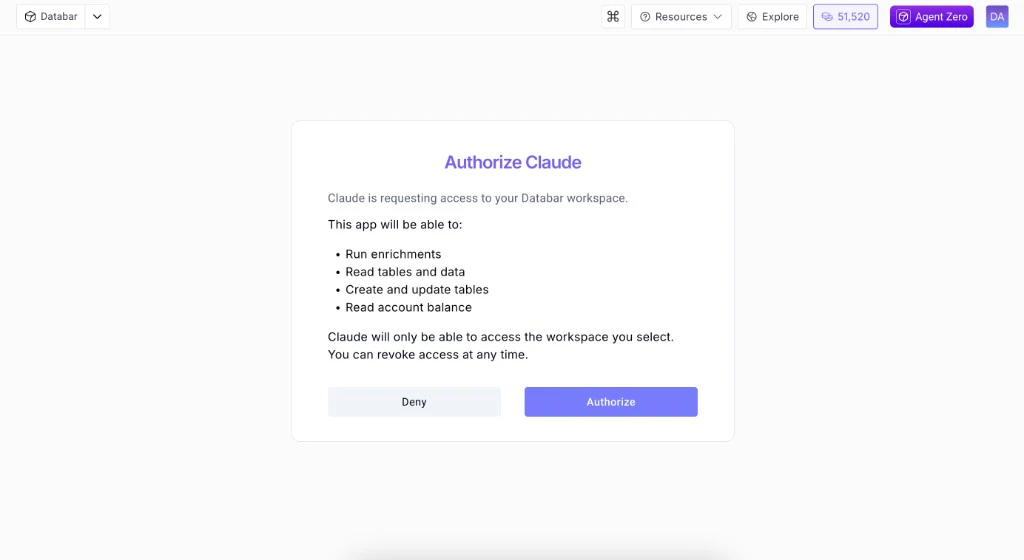 Databar authorization screen for Claude