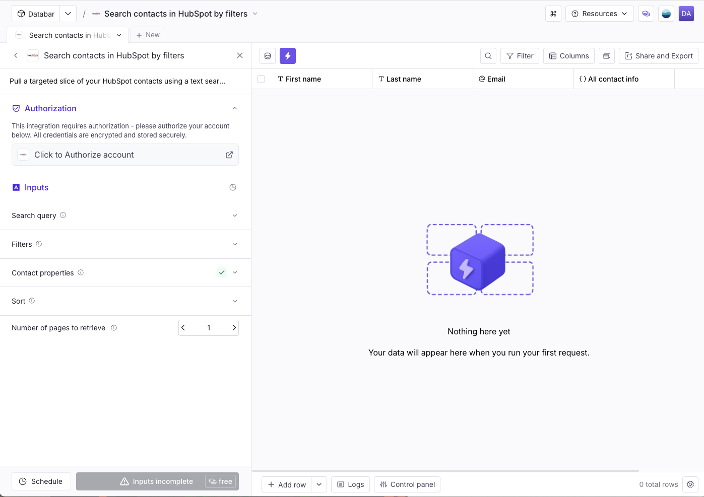 Authorization panel before connecting HubSpot