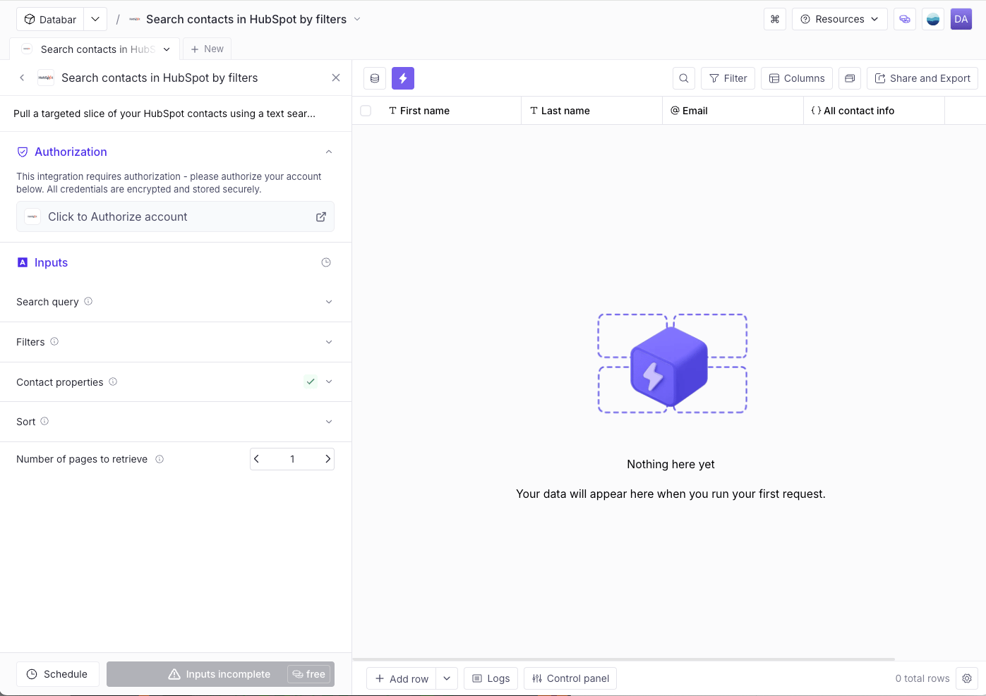 Authorization panel before connecting HubSpot