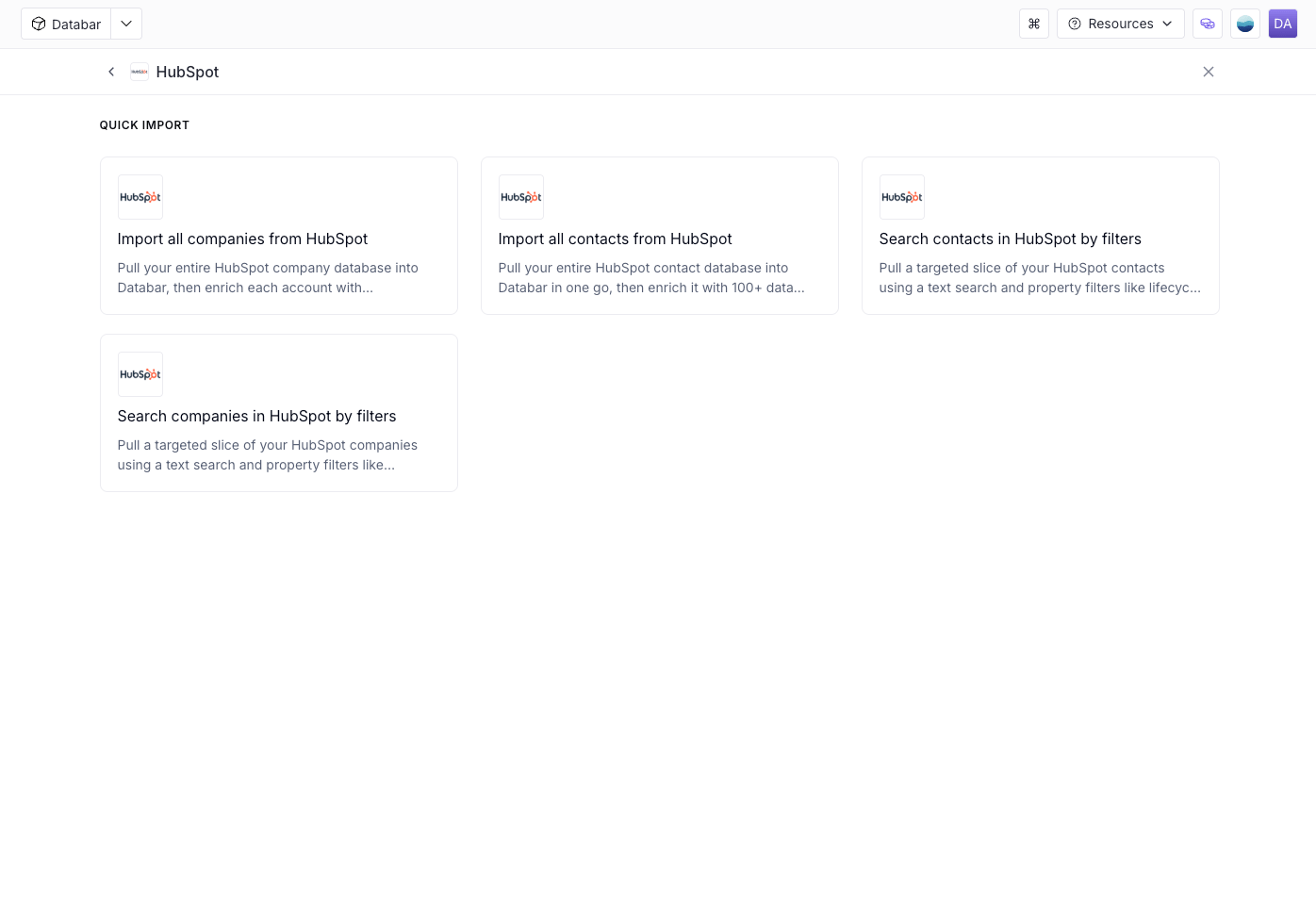 HubSpot quick import options in Databar