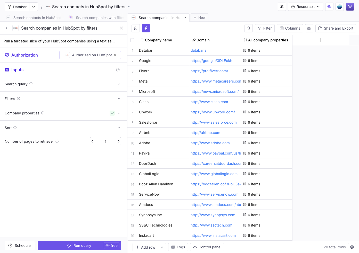 Companies imported from HubSpot into a Databar table