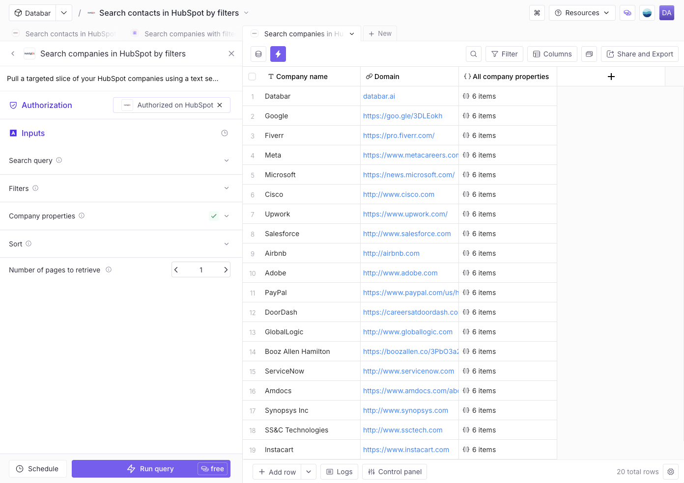Companies imported from HubSpot into a Databar table
