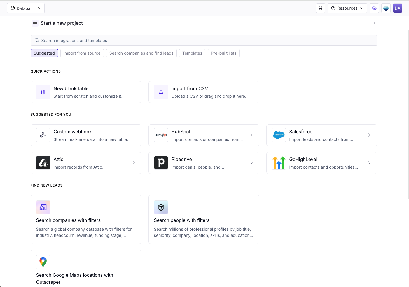 Start a new project screen with HubSpot under Suggested for you