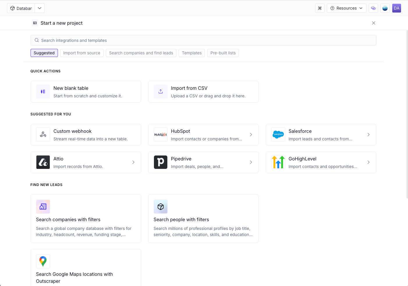 Start a new project screen with HubSpot under Suggested for you