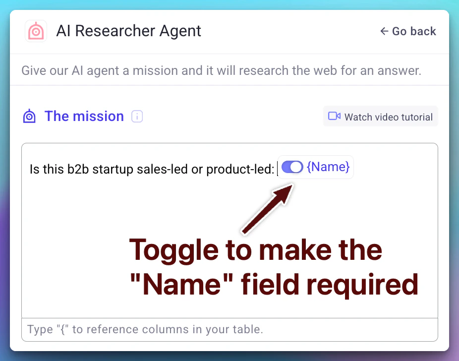 Toggle showing required and optional column references in the prompt editor