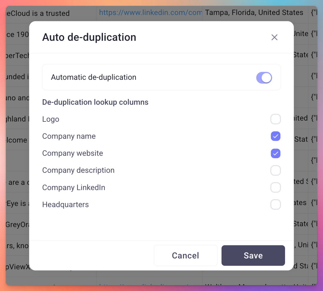 Auto de-duplication modal with toggle and multi-column selection