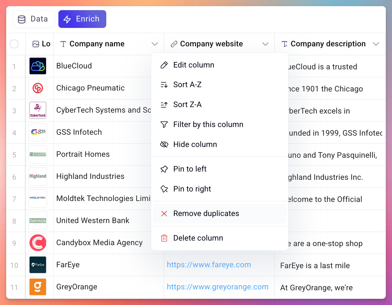 Column context menu showing the Remove duplicates option