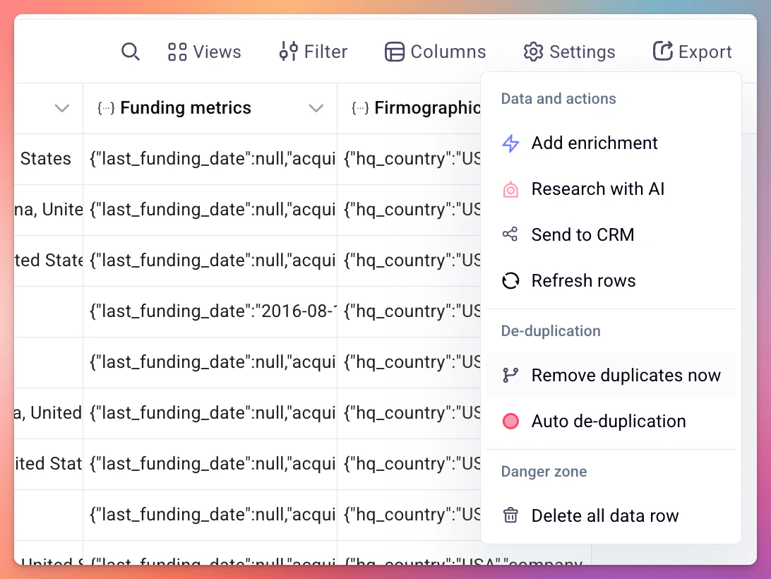 Settings dropdown showing Remove duplicates now and Auto de-duplication options