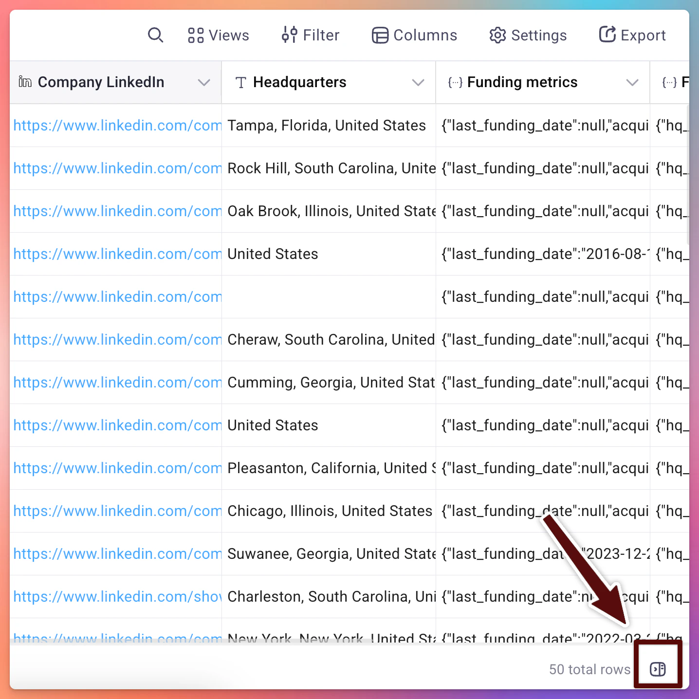 Arrow pointing to the expand icon at the bottom-right corner of the table