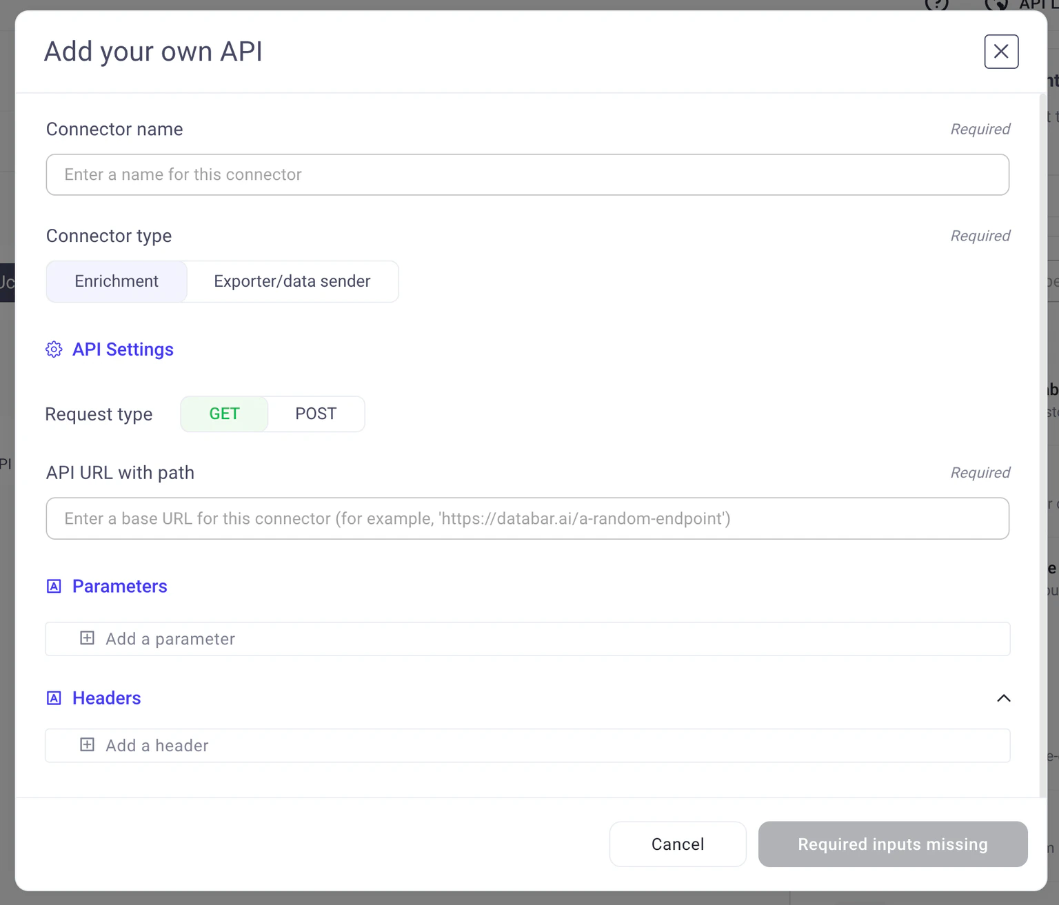 Custom API setup page with URL, method, auth, and parameter fields