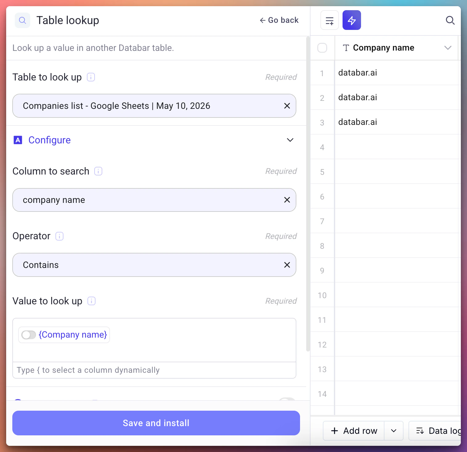 Table lookup configuration with target table, match condition, and column mapping
