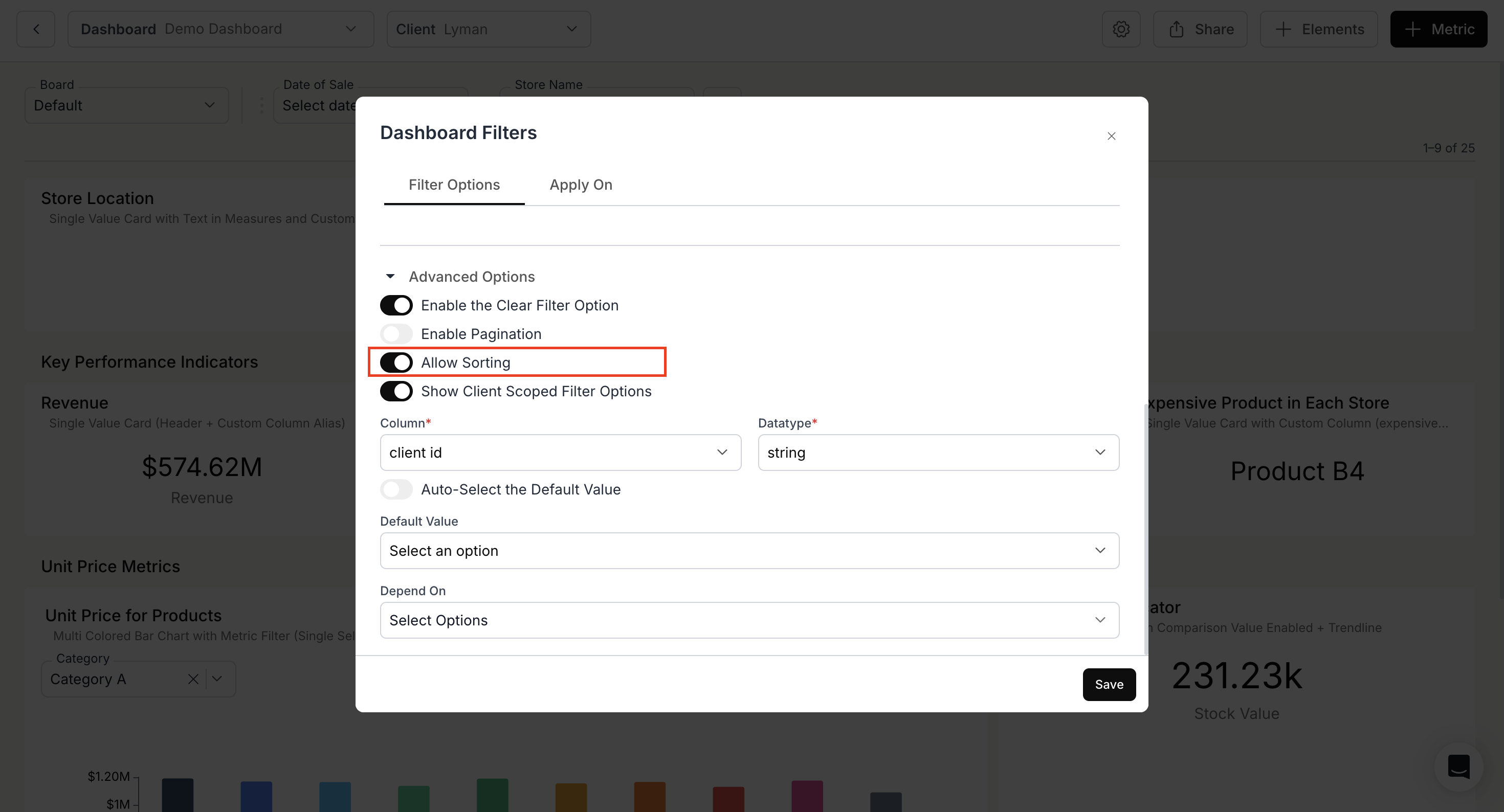 Allow Sorting option for admin-created filters