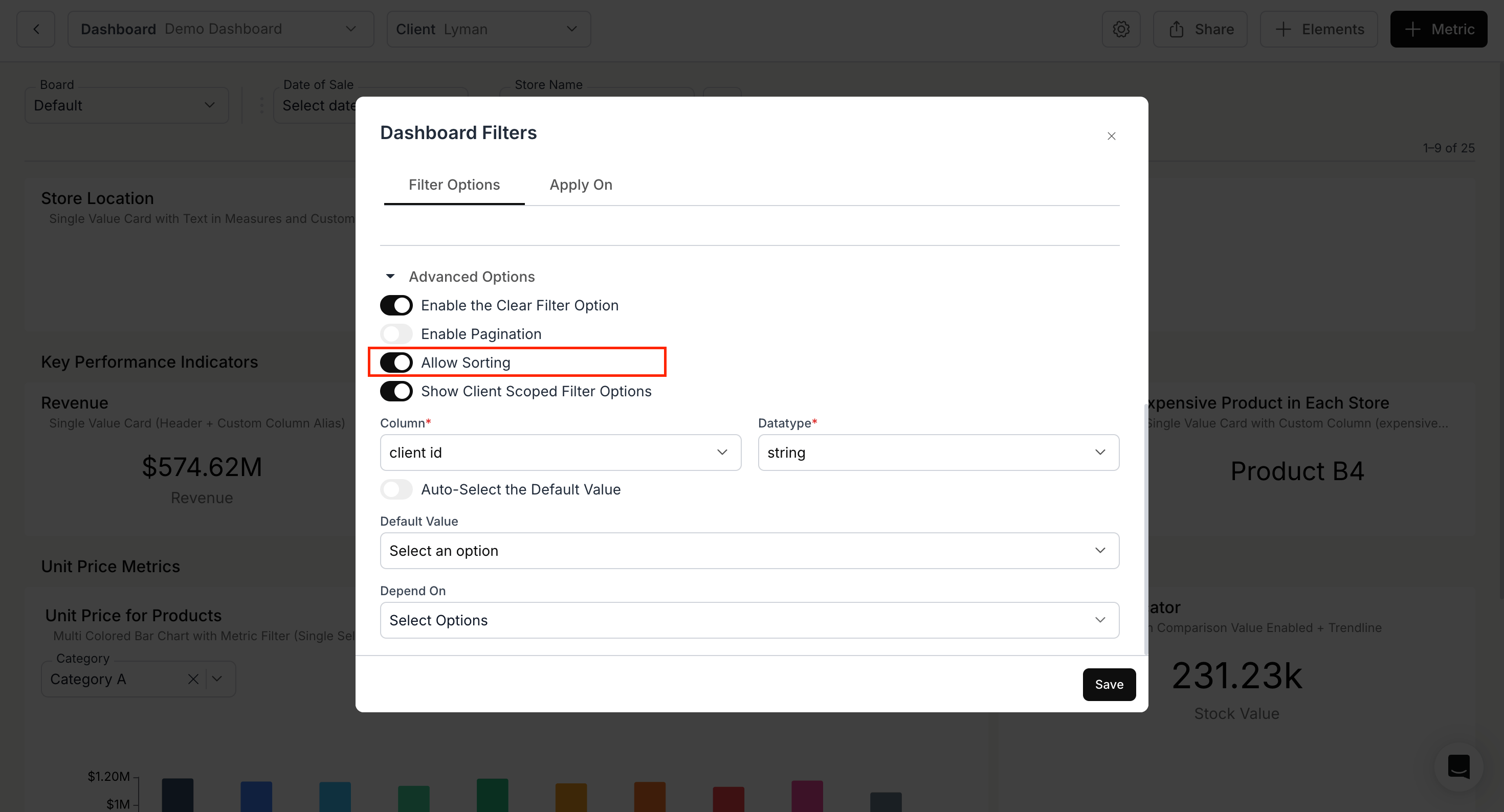 Allow Sorting option for admin-created filters