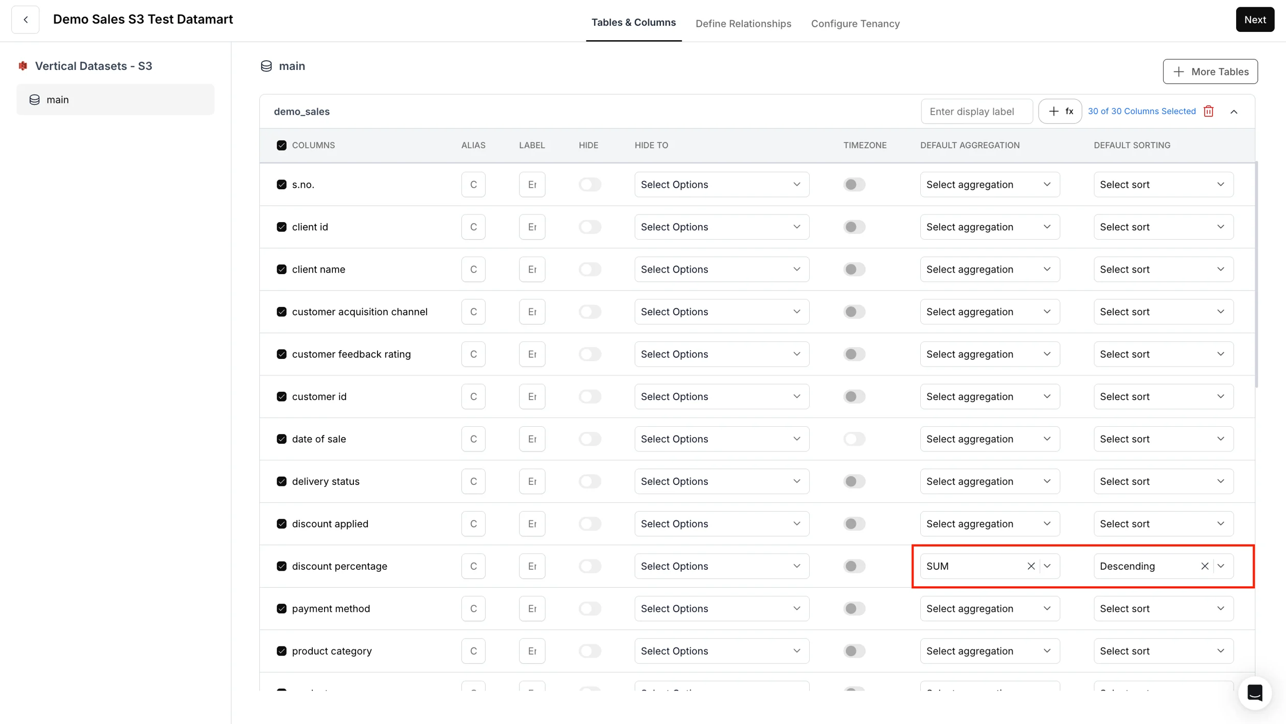 Default aggregation and sorting settings for end users