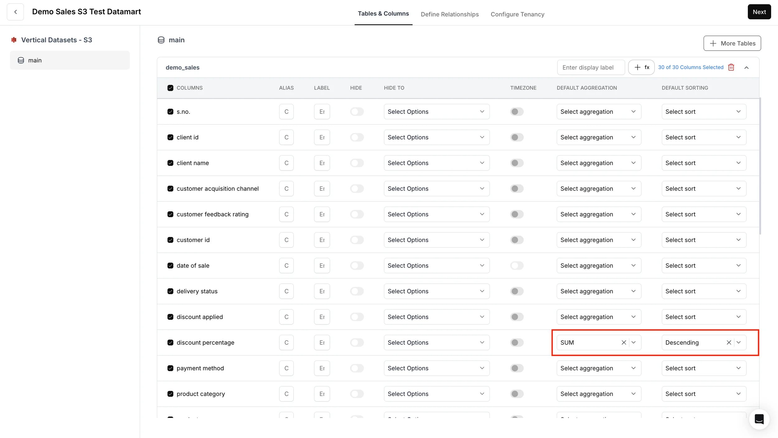 Default aggregation and sorting settings for end users