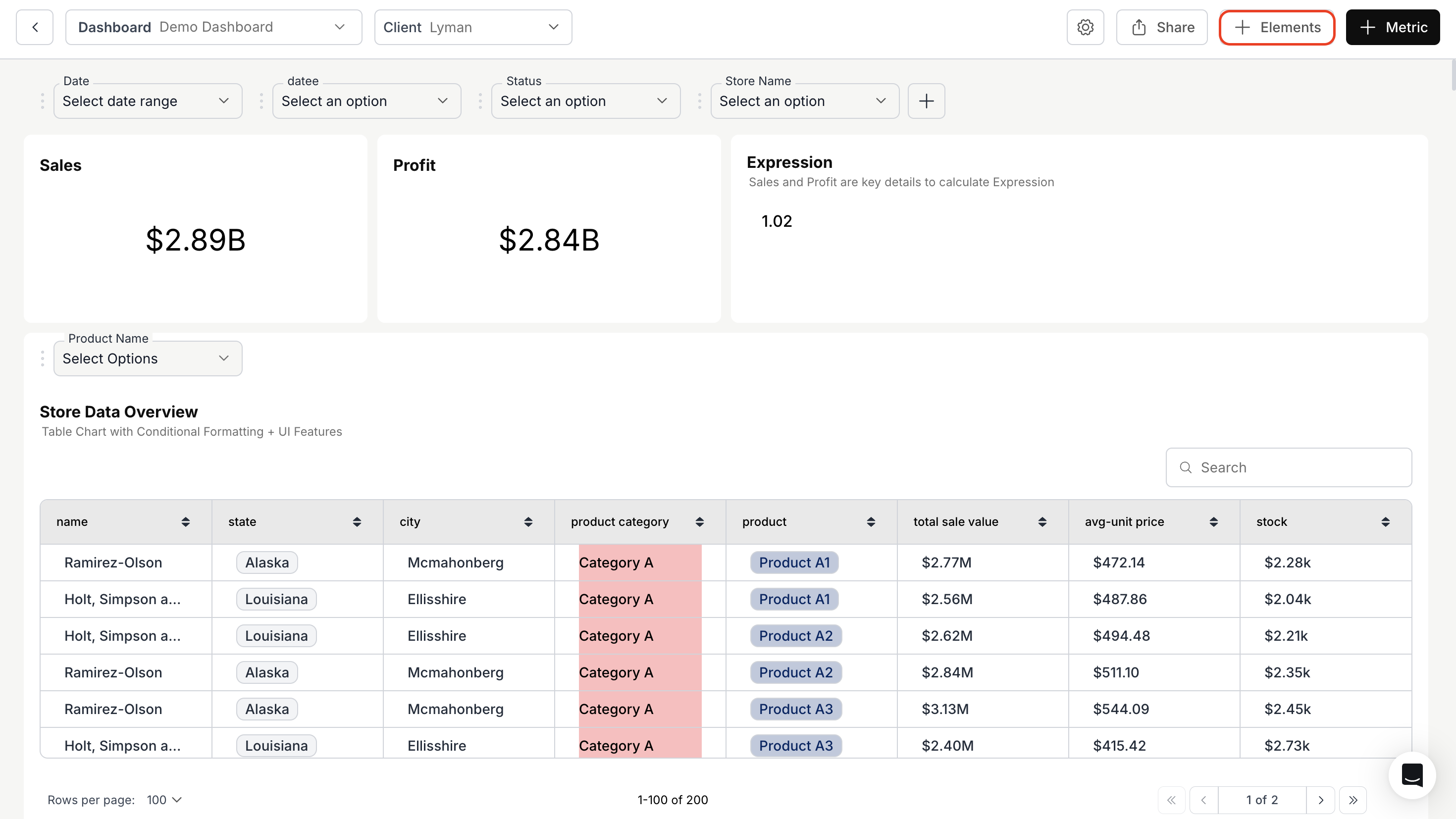 Accessing the Elements menu to create a new metric expression
