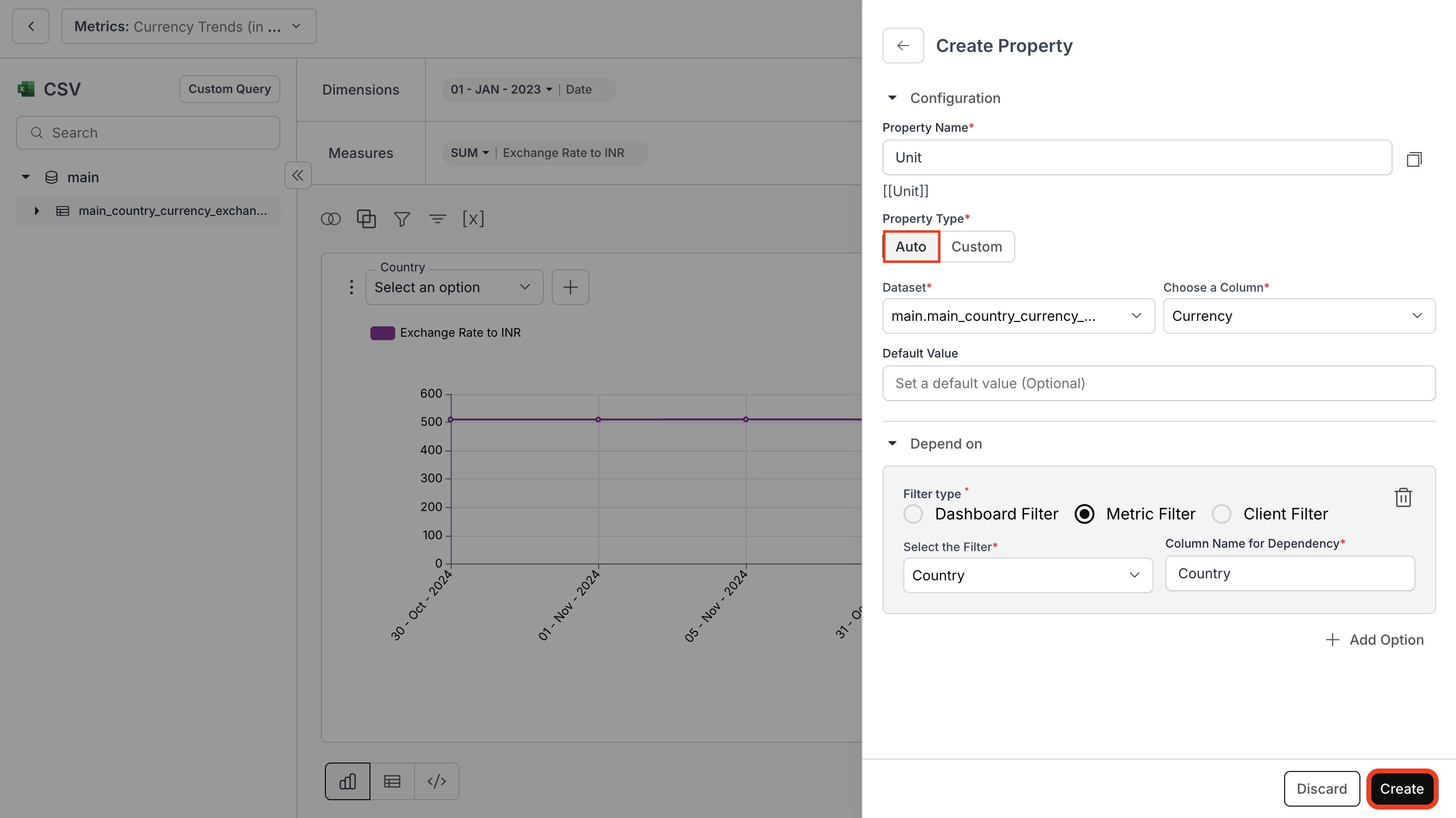 Configuring an Auto dynamic property with dataset and column selection