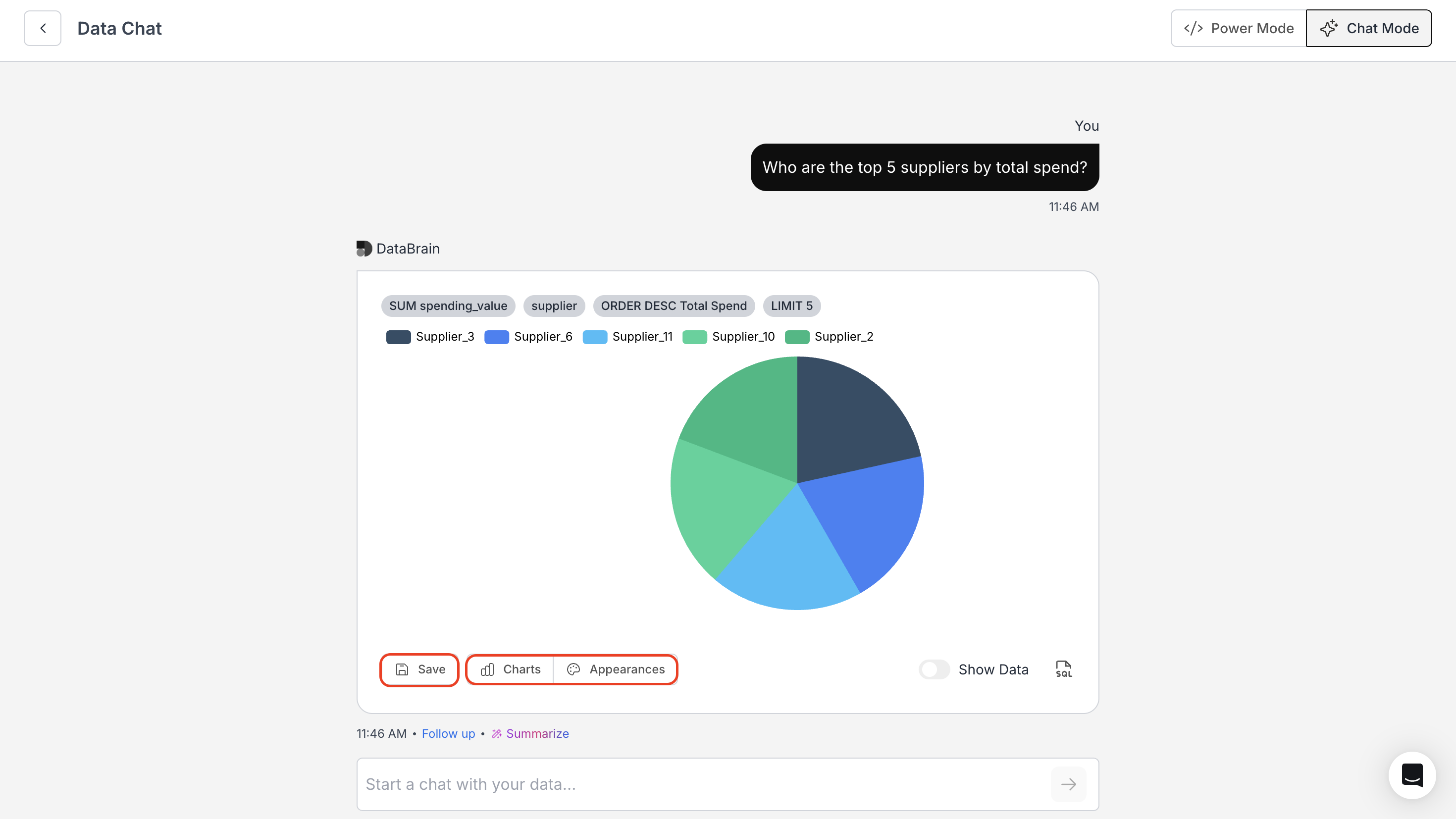 Chart and appearance customization options in Chat Mode metric creation