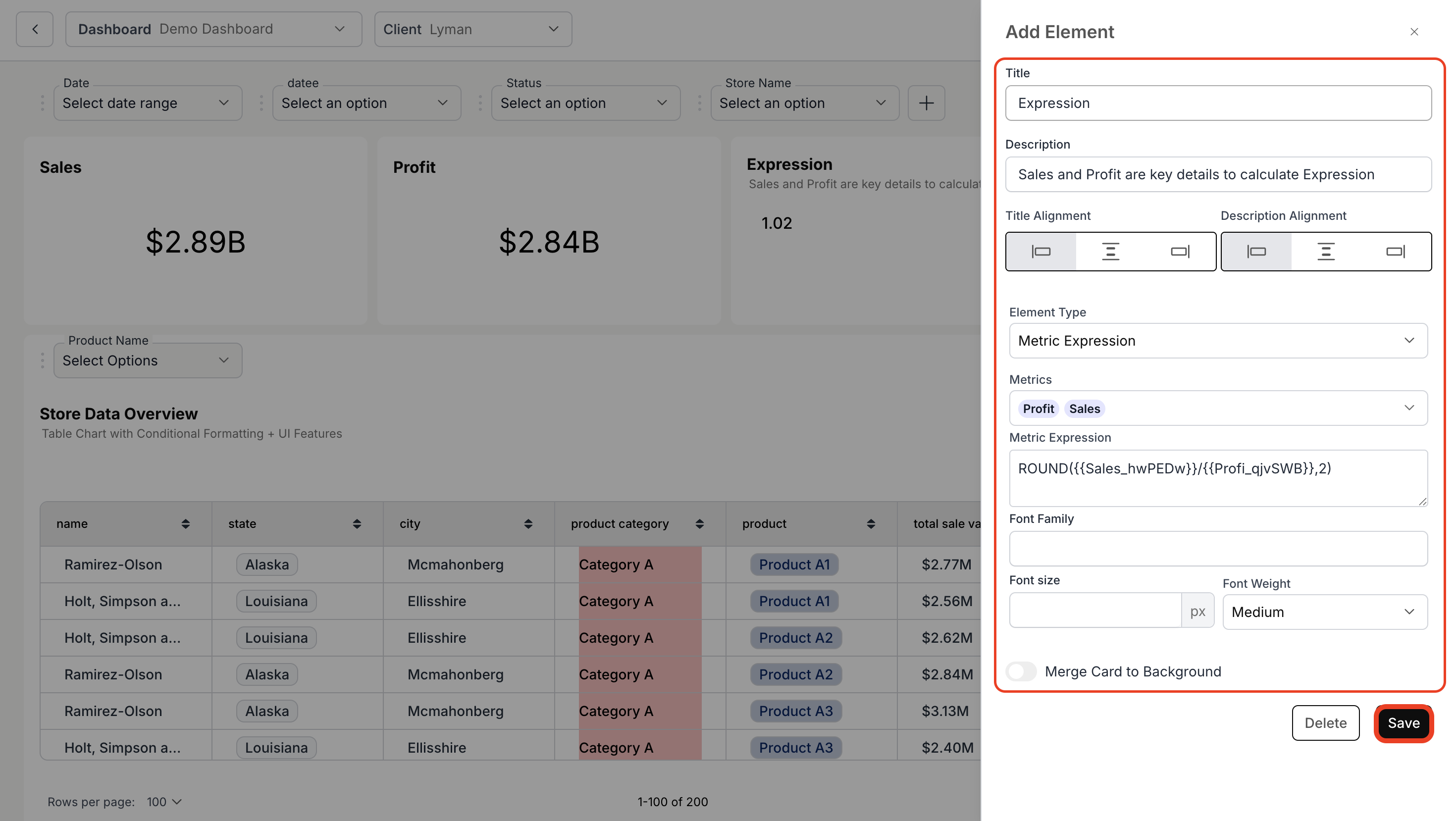 Configuring a metric expression by selecting metrics and entering the formula