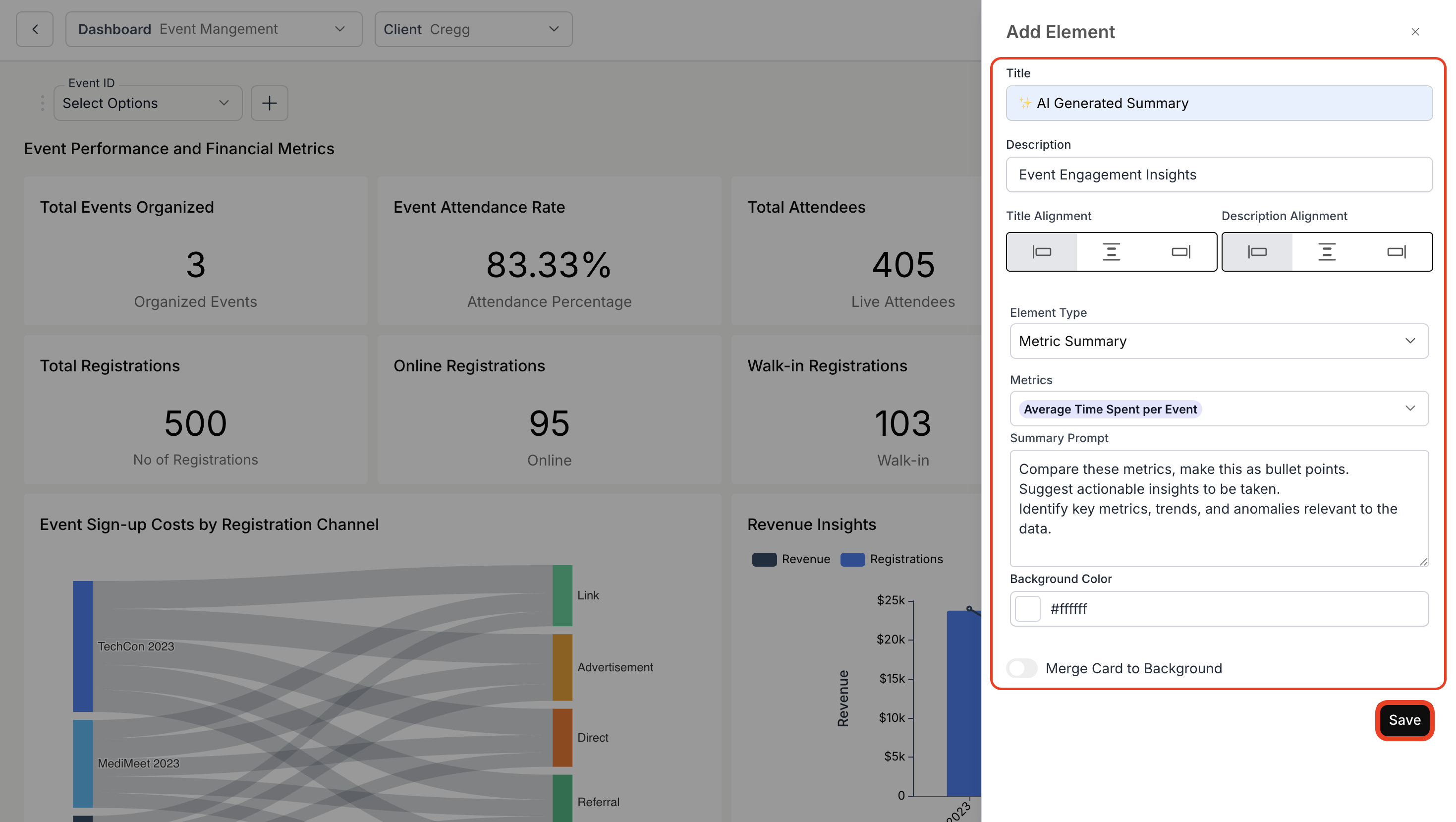Configuring the metric summary with title, description, alignment, and prompt