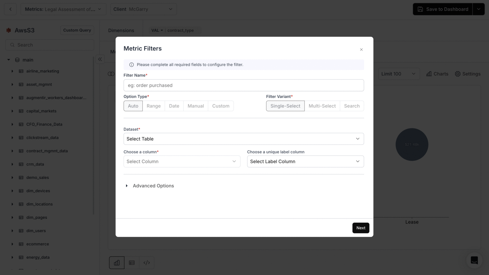 Configuring a metric filter including filter name, type, variant, column, and variable filter options