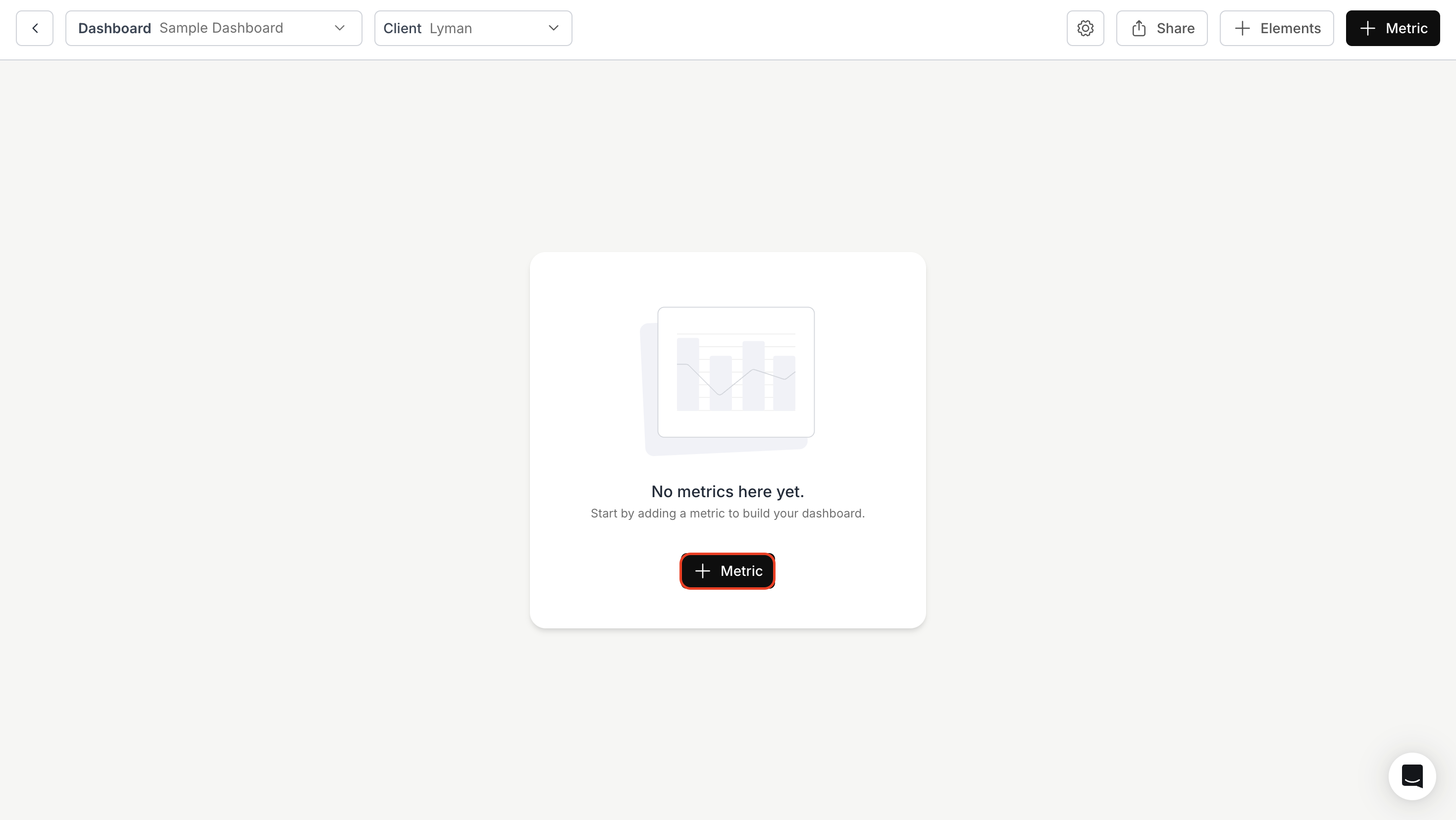 Create metric button in the dashboard interface