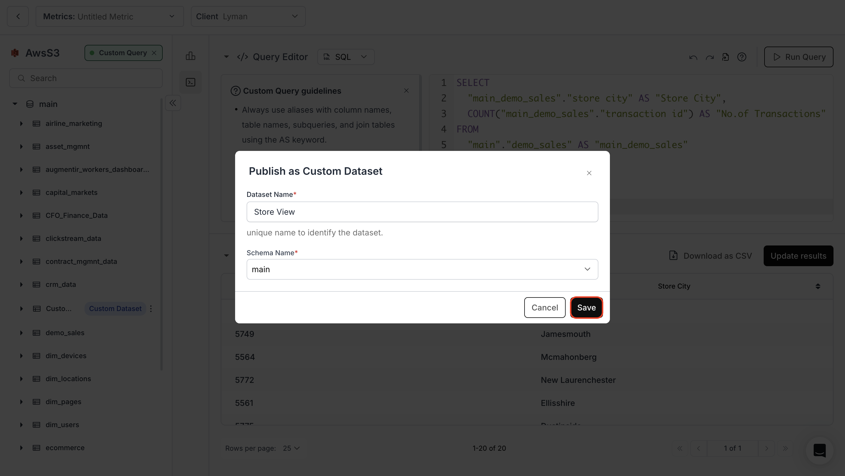 Publishing SQL query results as a custom dataset