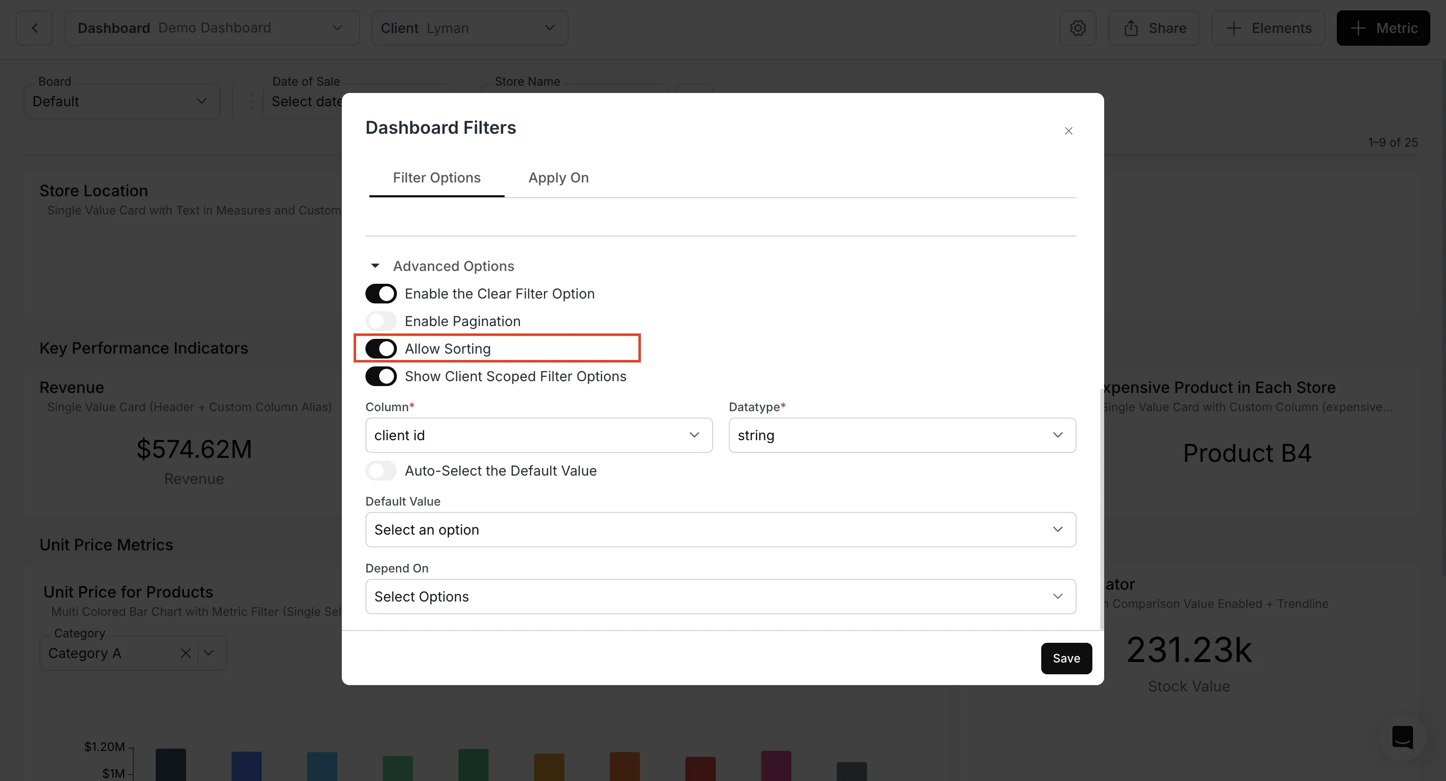Allow Sorting option for admin-created filters