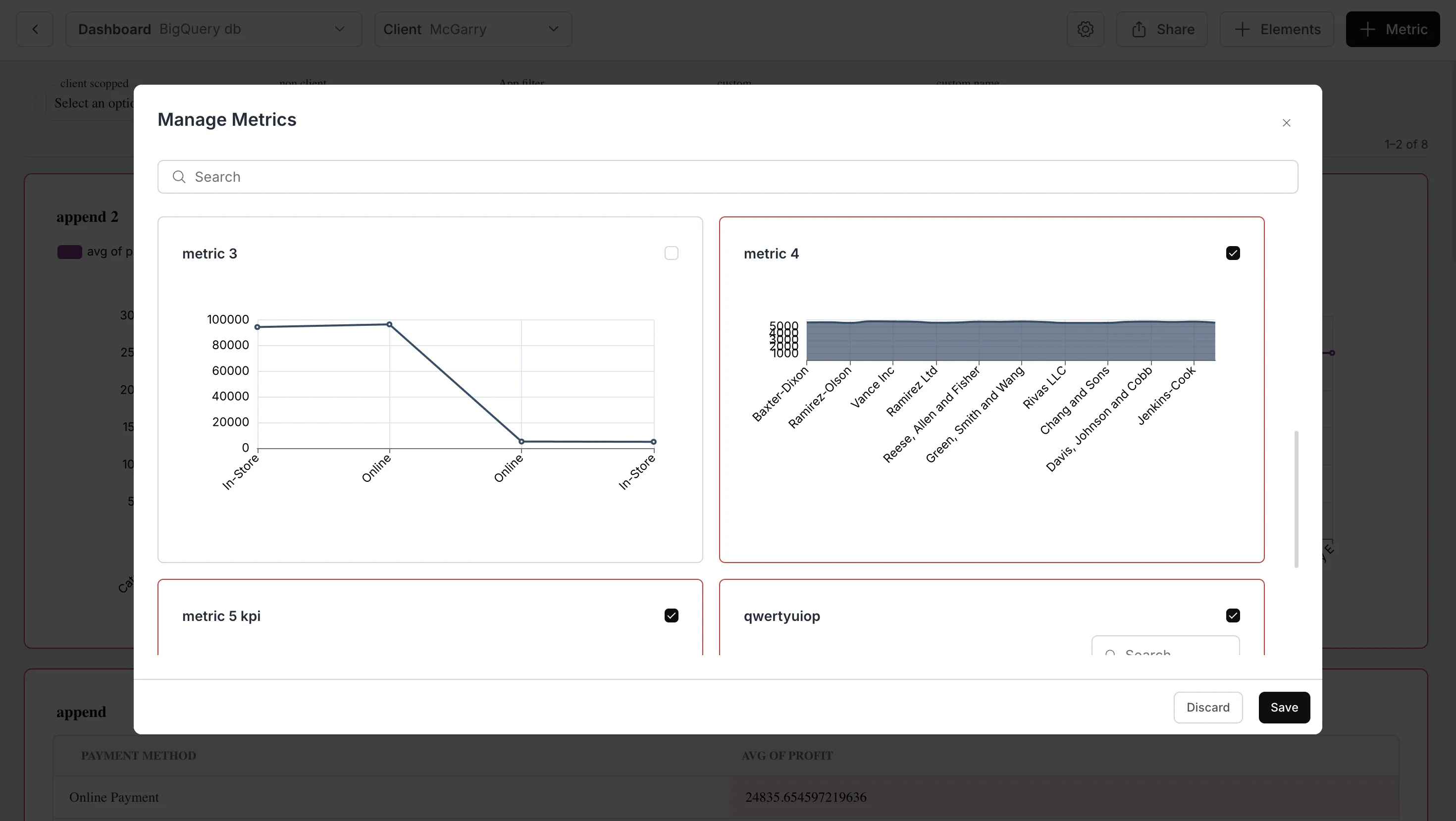 Manage Metrics dialog with searchable metric selection
