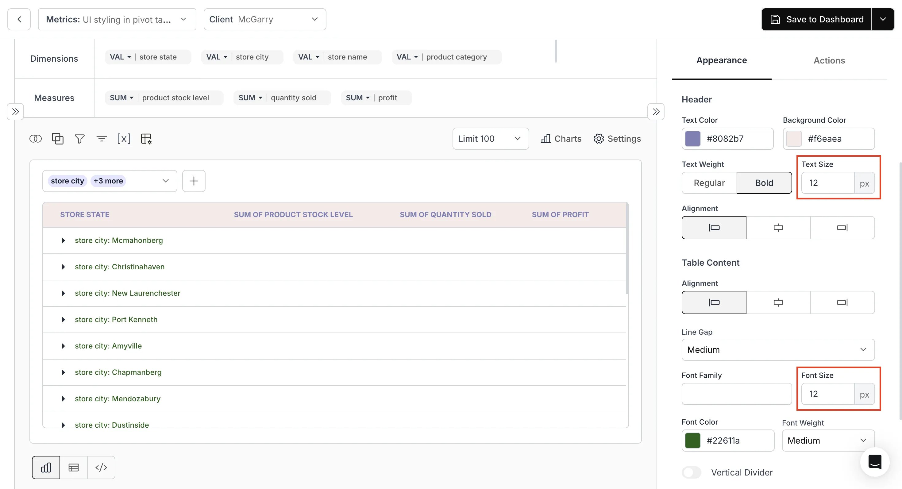 Table Font Size Customization