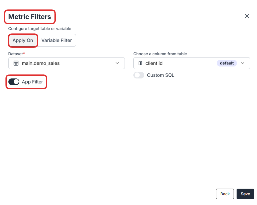 Metric filter configuration with App Filter enabled