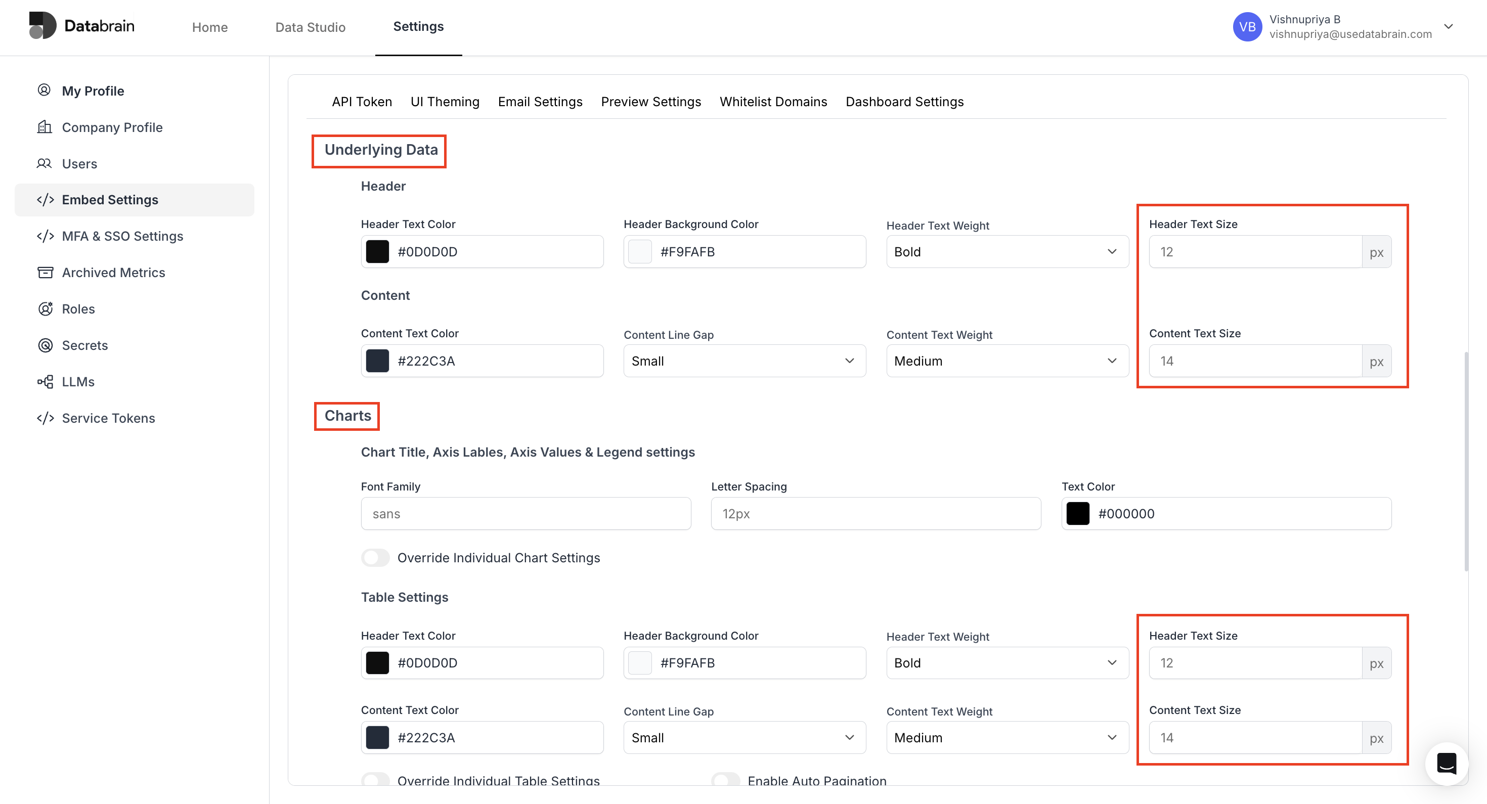 Underlying Data Font Size Customization