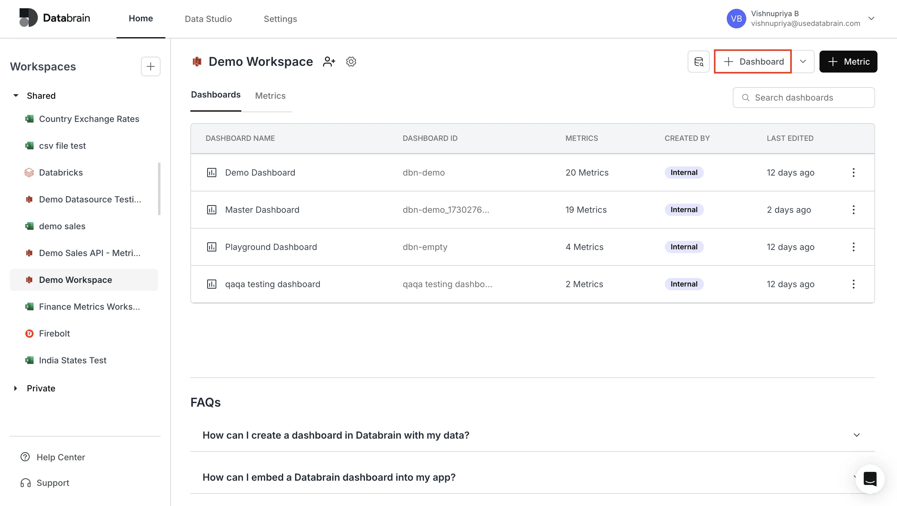 Access dashboard creation from home page
