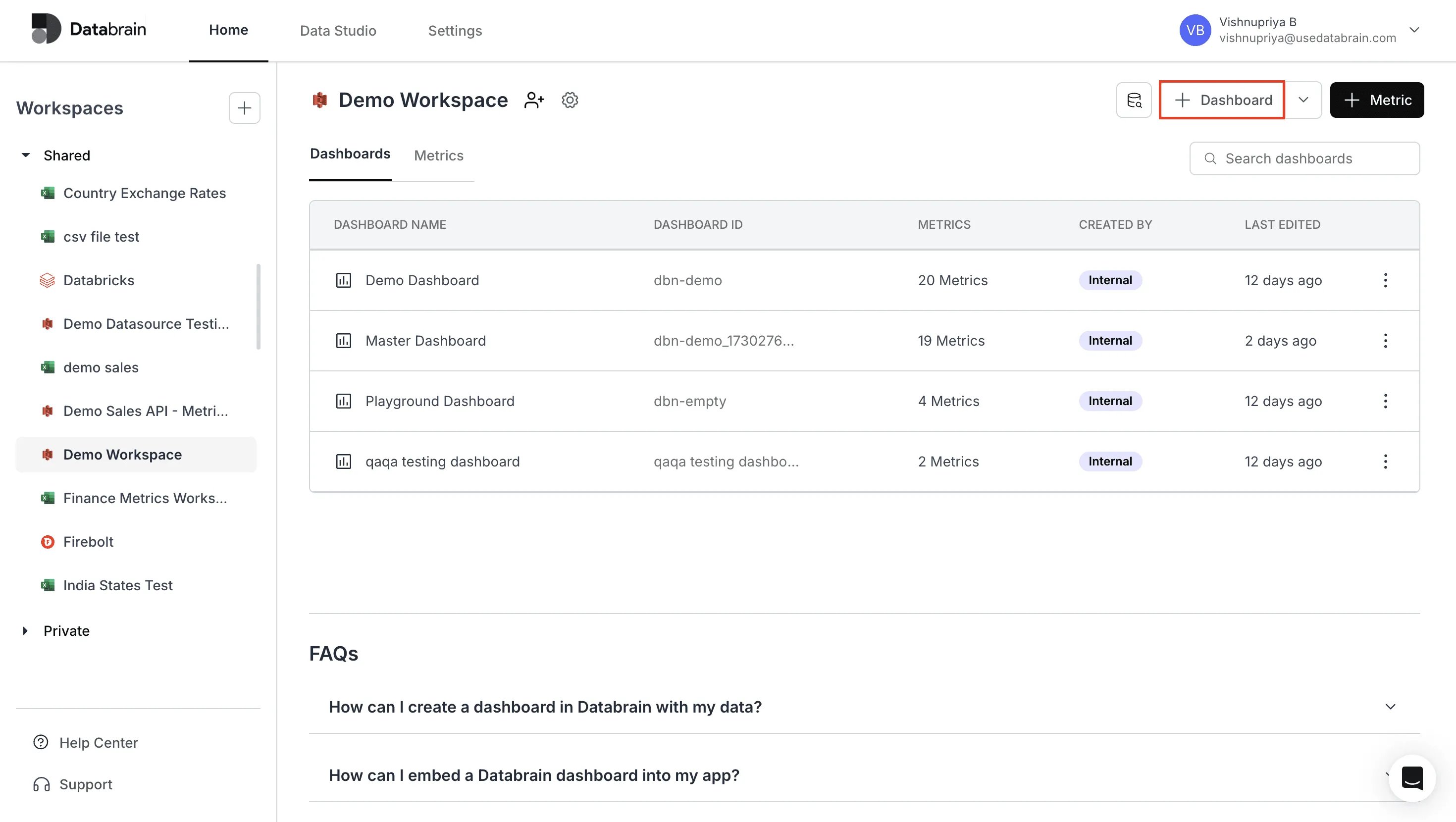 Access dashboard creation from home page