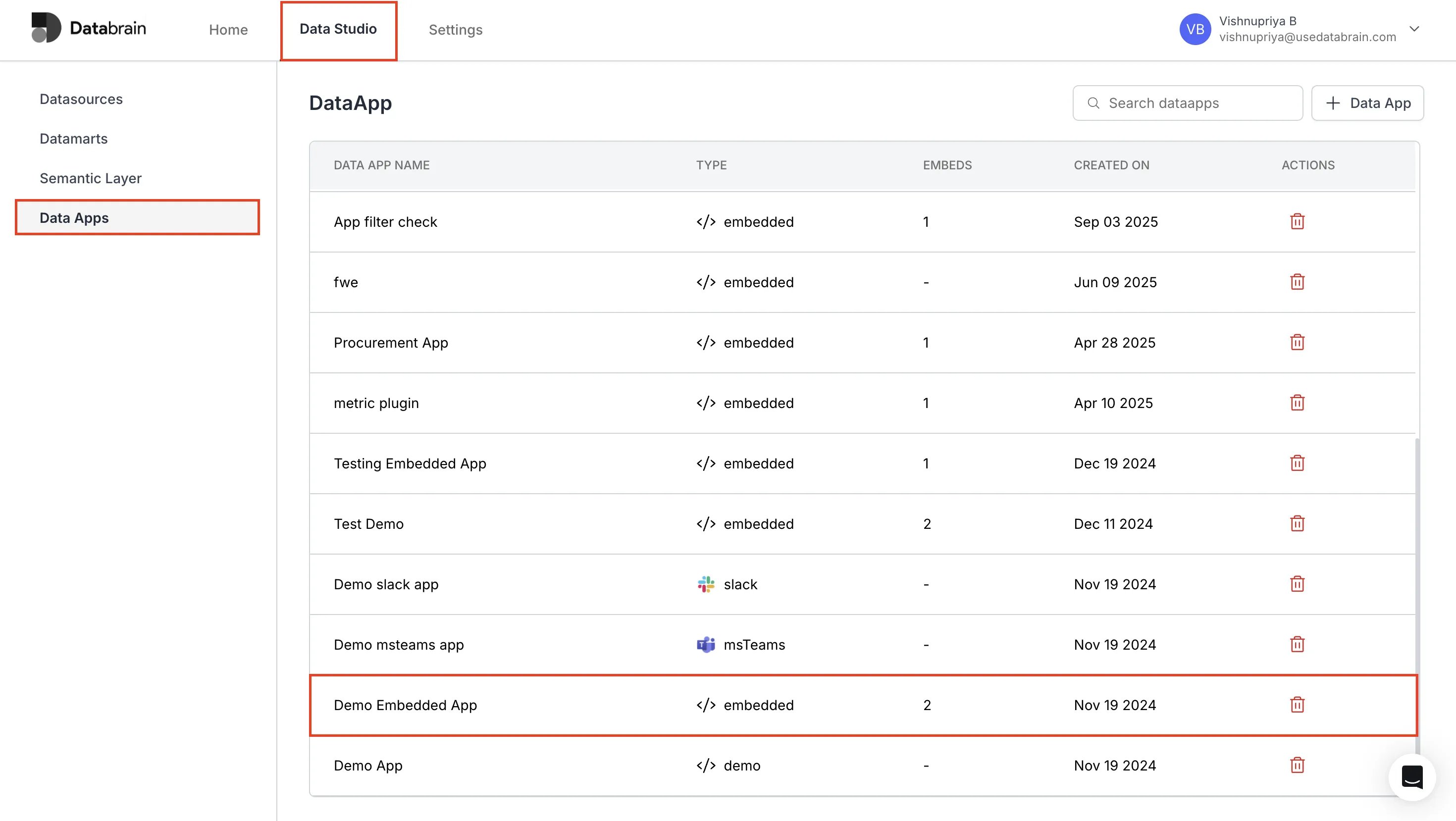 Data Studio view showing the Data Apps list with a specific Data App selected