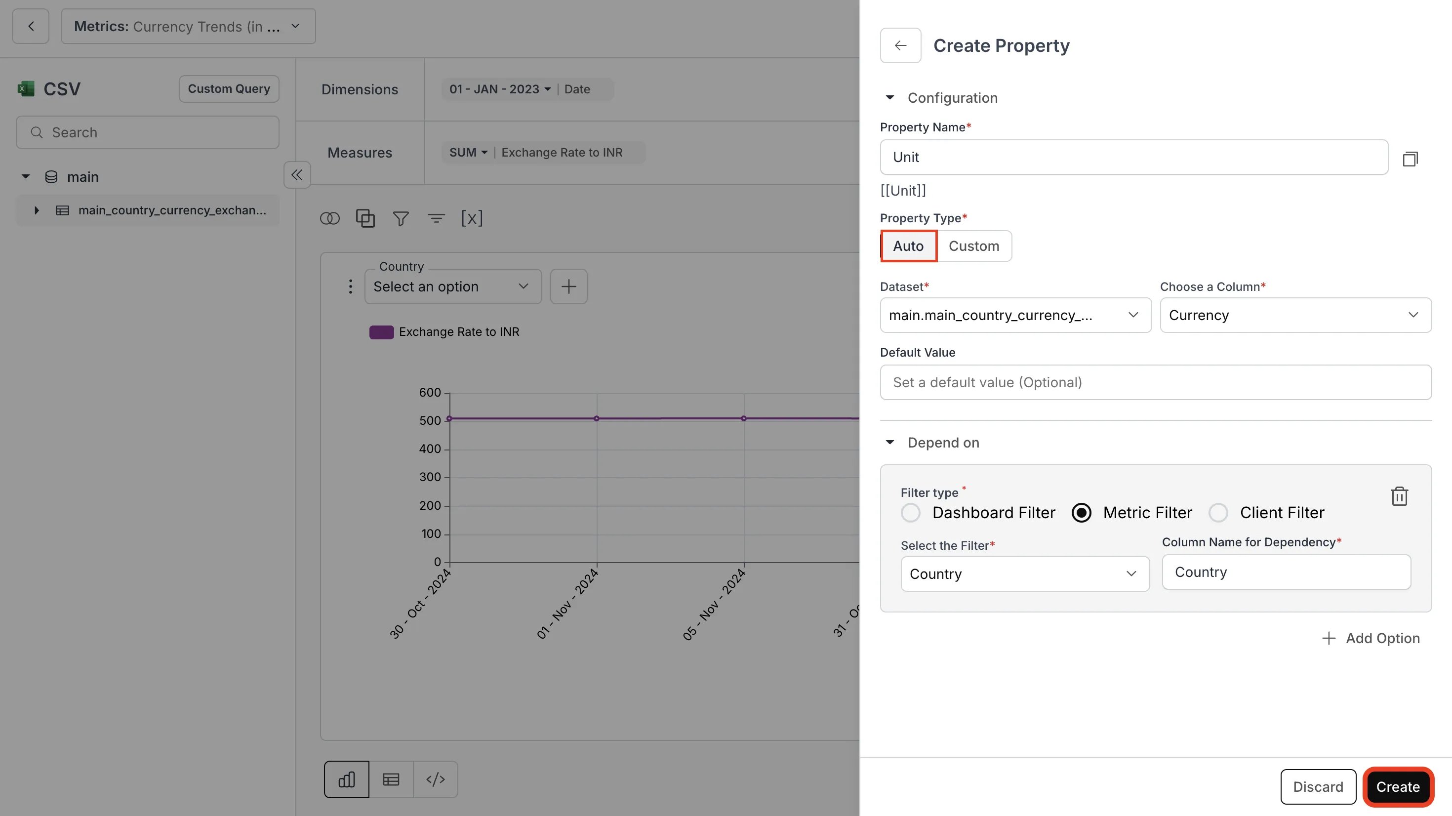 Configuring an Auto dynamic property with dataset and column selection