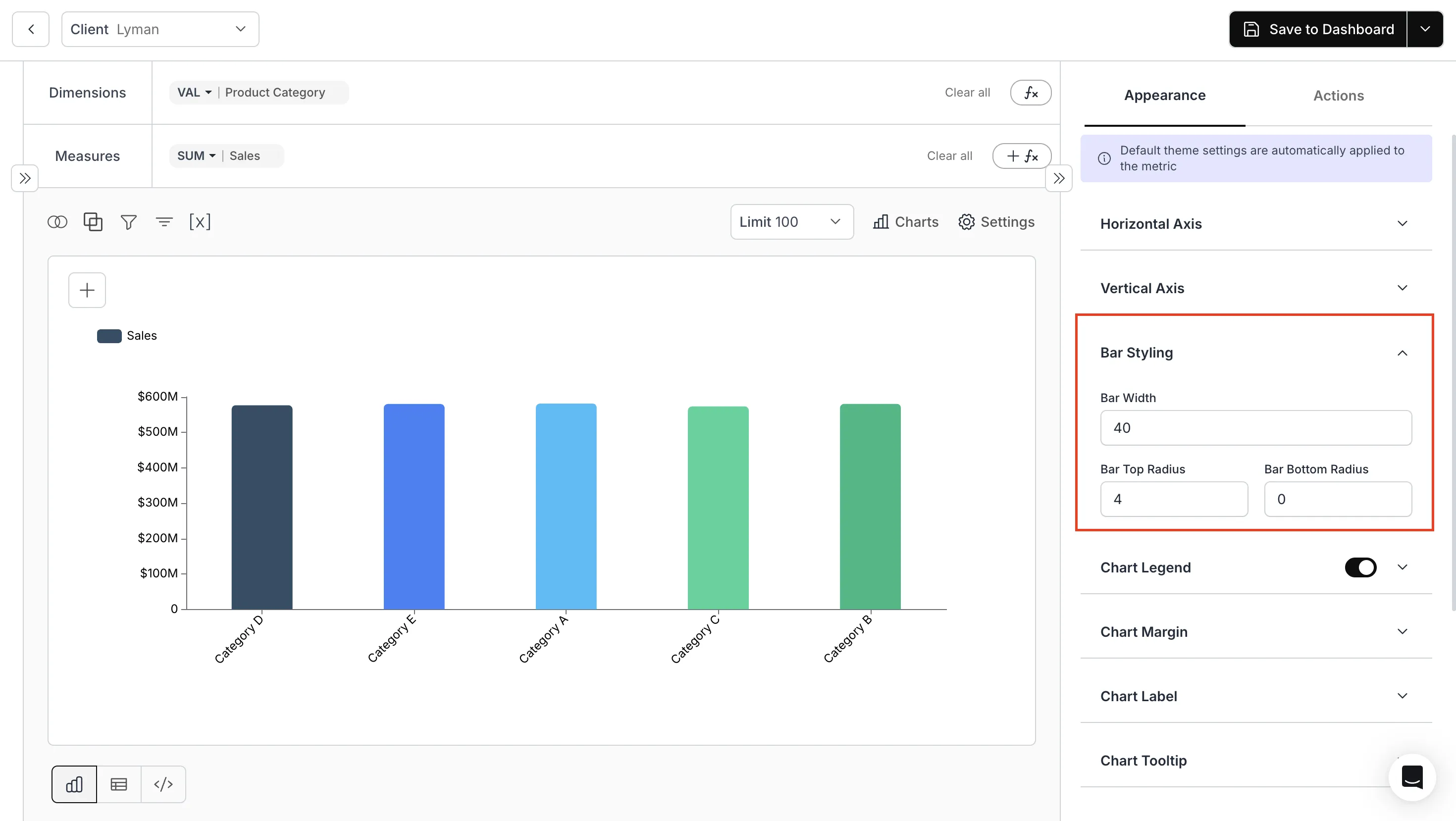 Example showing bar chart width, top radius, and bottom radius styling options