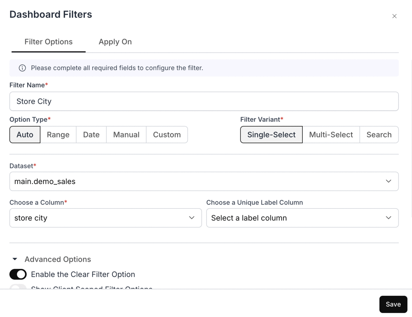 Dashboard Filters configuration for Store City filter with dependency on Store State