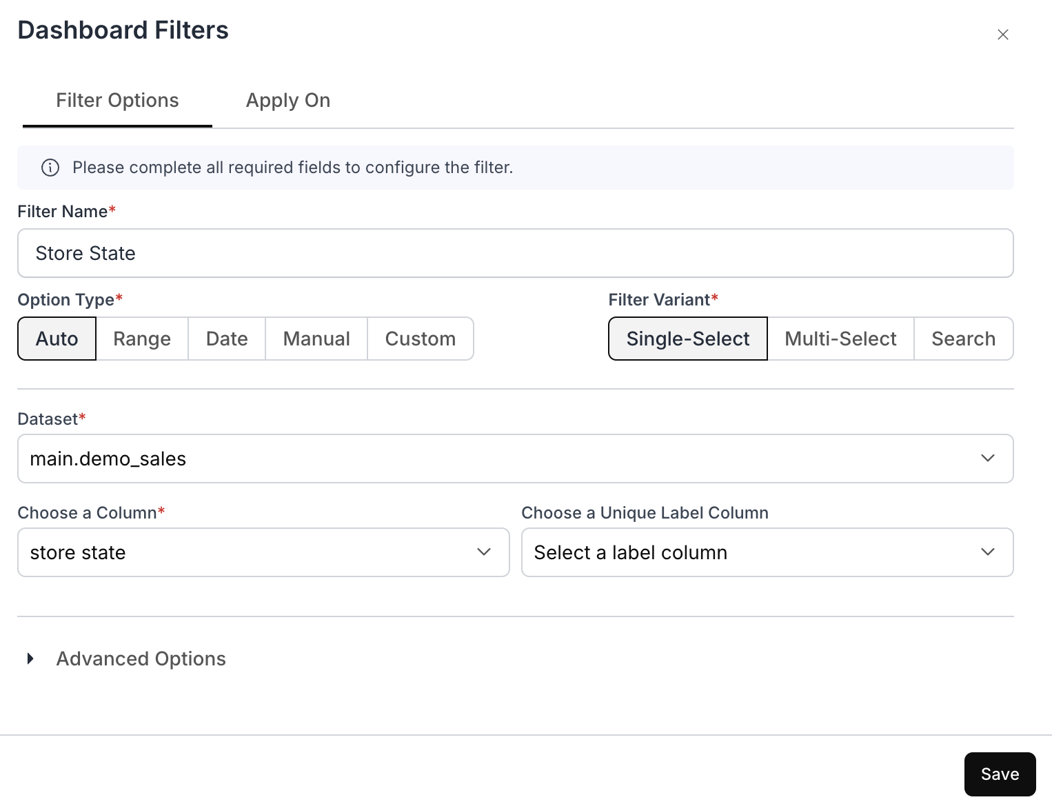 Dashboard Filters configuration for Store State filter using the main.demo_sales dataset
