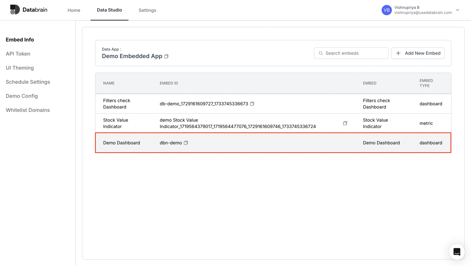Embed Info settings view showing configuration options for the selected embed