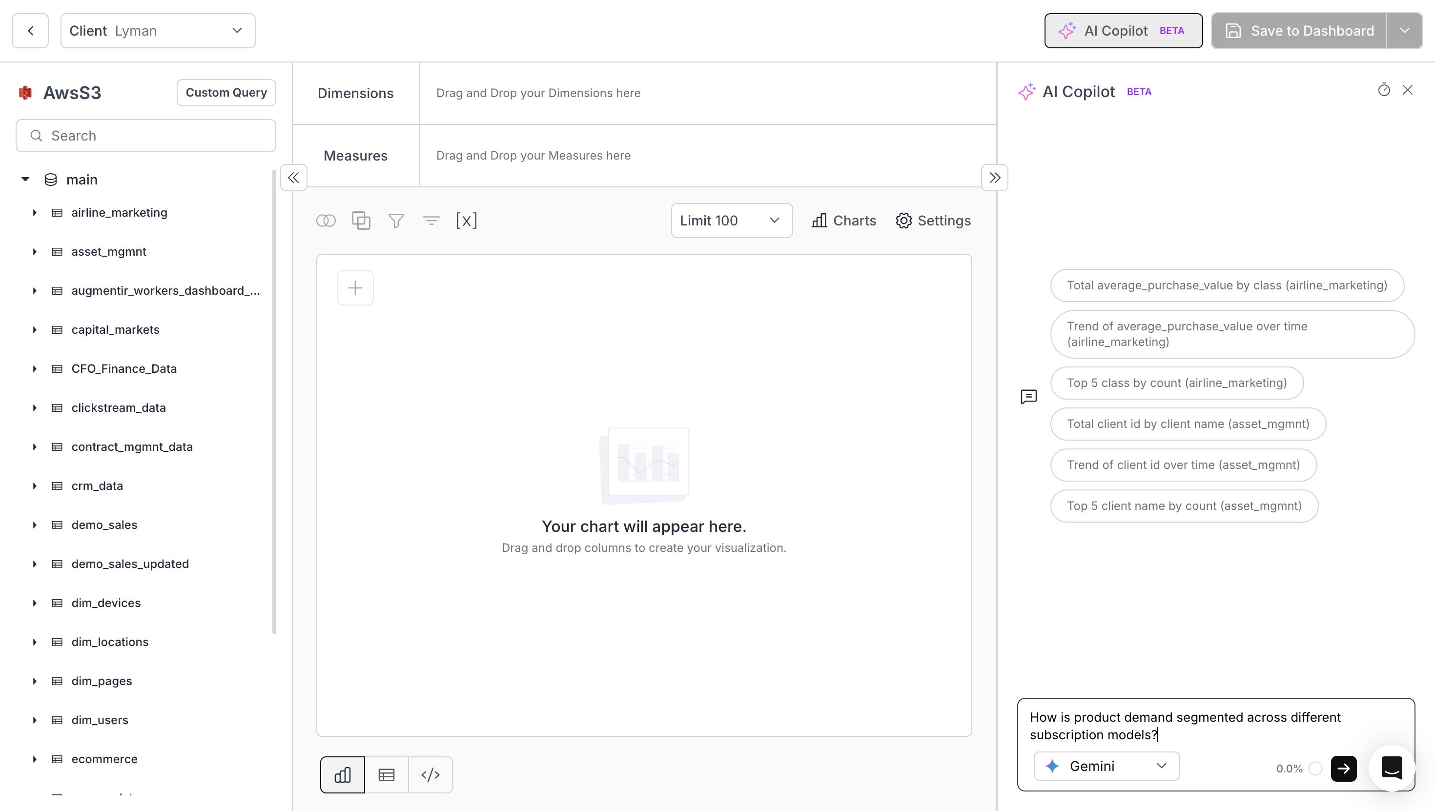 Entering a natural-language analytics question and selecting an LLM in AI Copilot