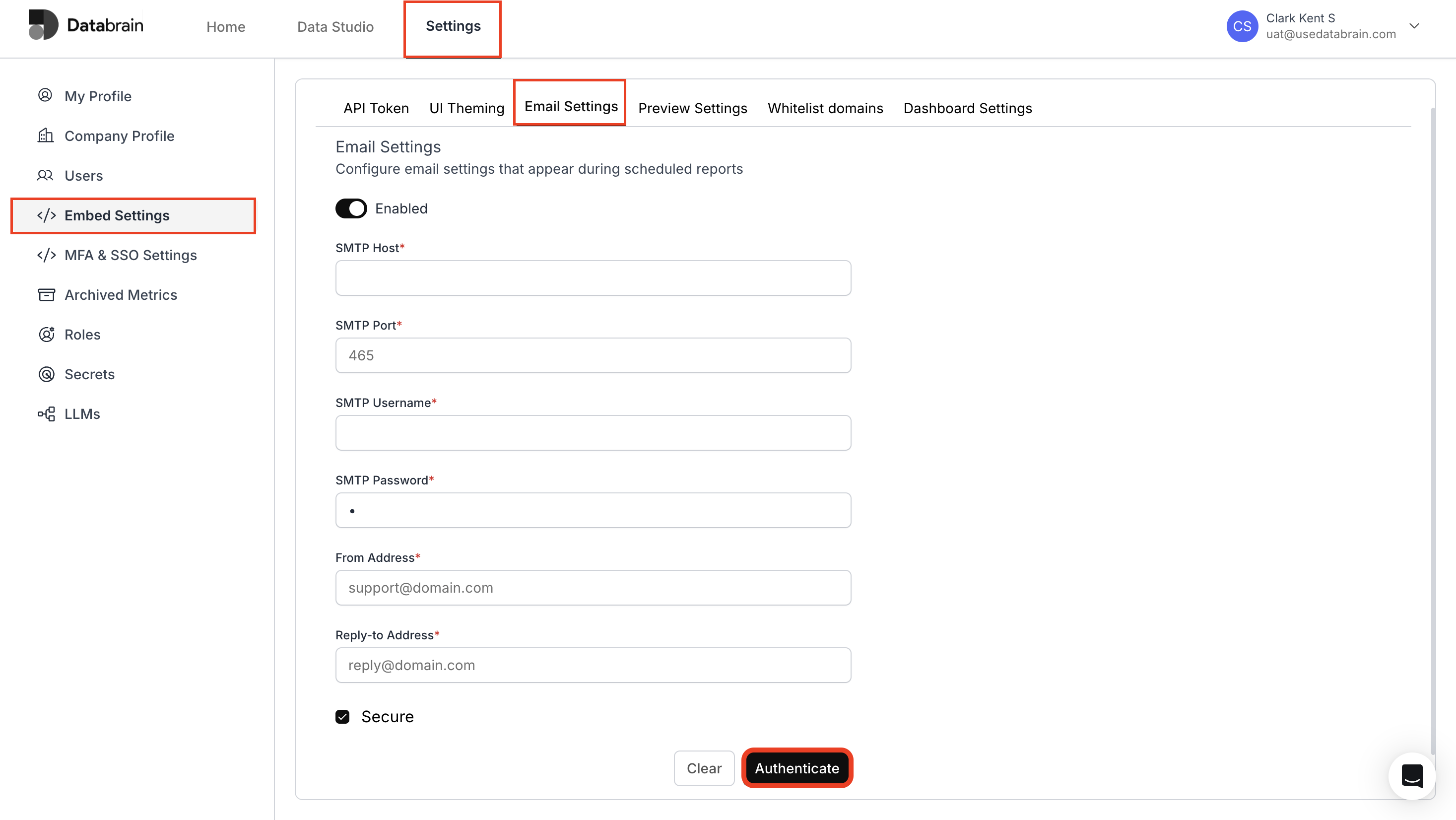 Email settings configuration in Databrain Embed Settings