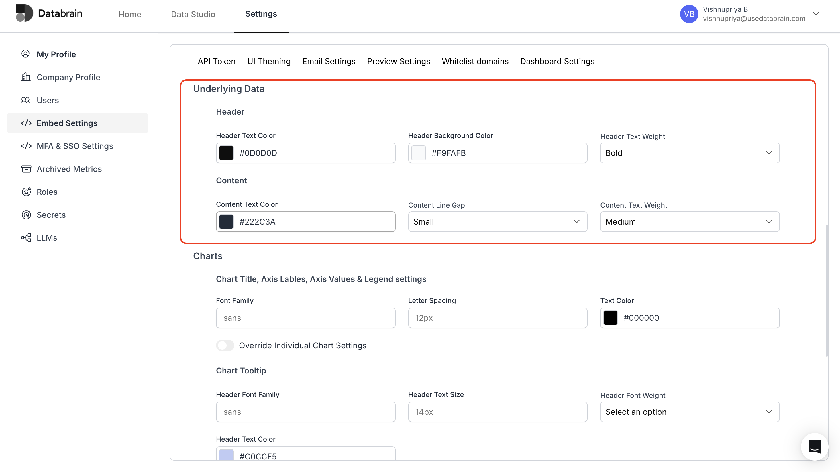 Underling data settings