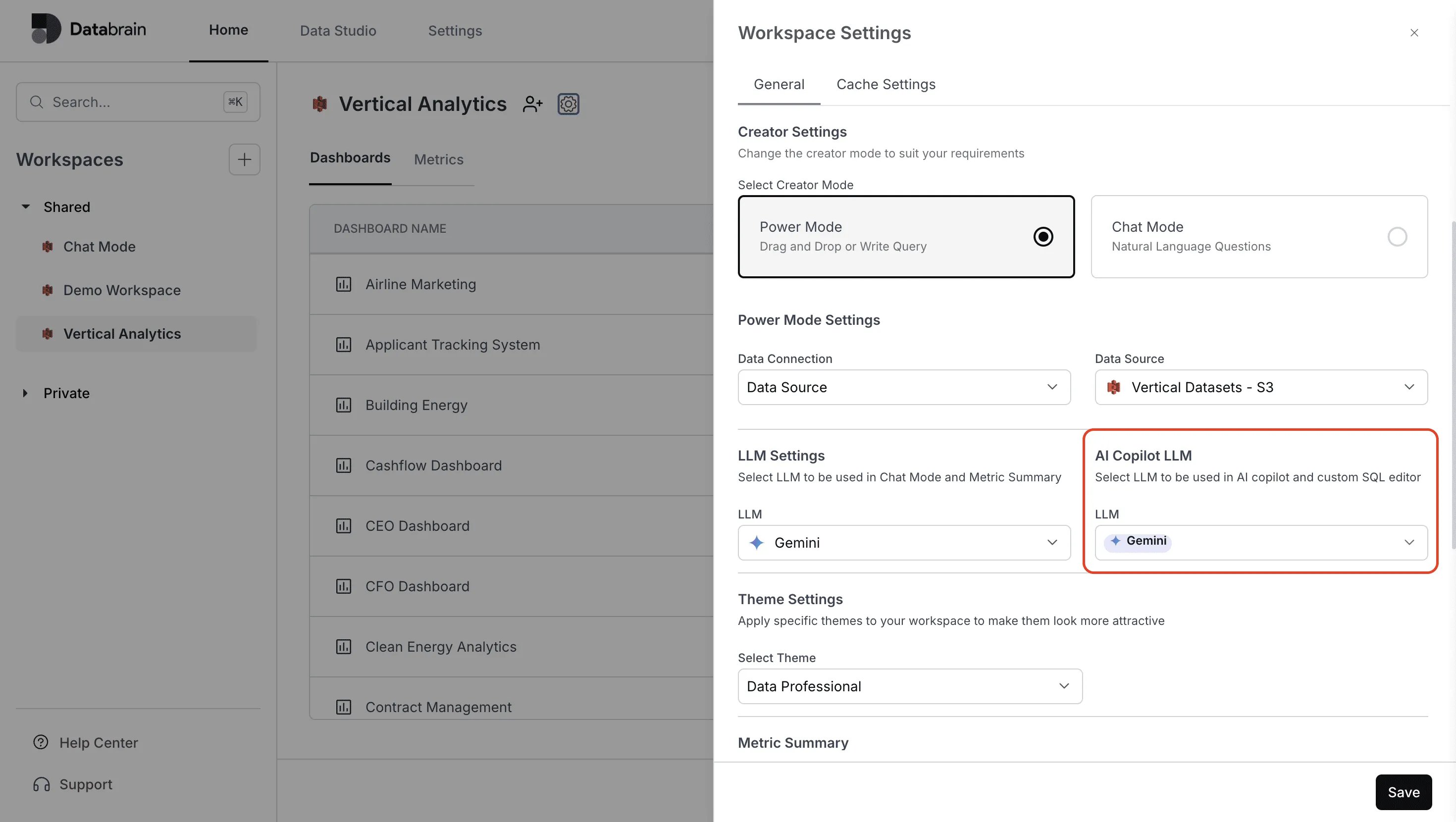 Workspace Settings showing the AI Copilot LLM model selection under Power Mode